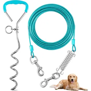 Dog Tie Out Cable and Stake, 10FT Outside Dog Run Cable Leash & Chain with Shock Spring for Camping and Yard, 16'' Heavy Duty Anti Rust Spiral Stake for Small-Large Dogs Up to 200 lbs Teal