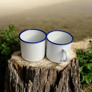 Gode Blan Emaye Sakre Enamel Mug for Coffee Water and Spiritual Rituals Blue Rim White Body Reusable Drinkware