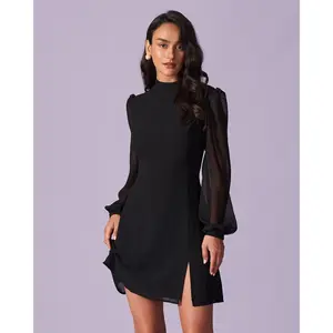 The Black Stand Collar Sheer Slit Mini Dress
