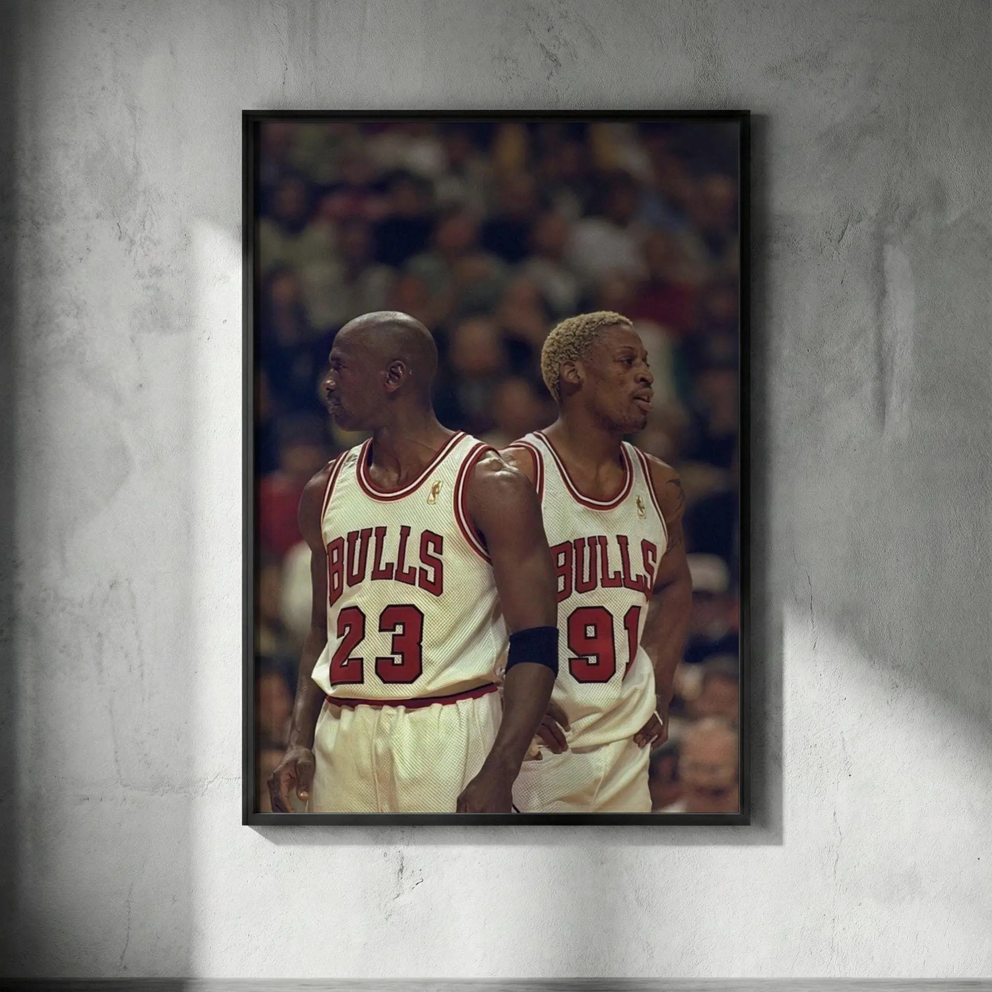 Michael Jordan and Dennis Rodman Poster - Iconic Chicago Bulls Duo Wall Art, Vintage 90s Basketball Print for Gym, Man Cave Sports Decor.