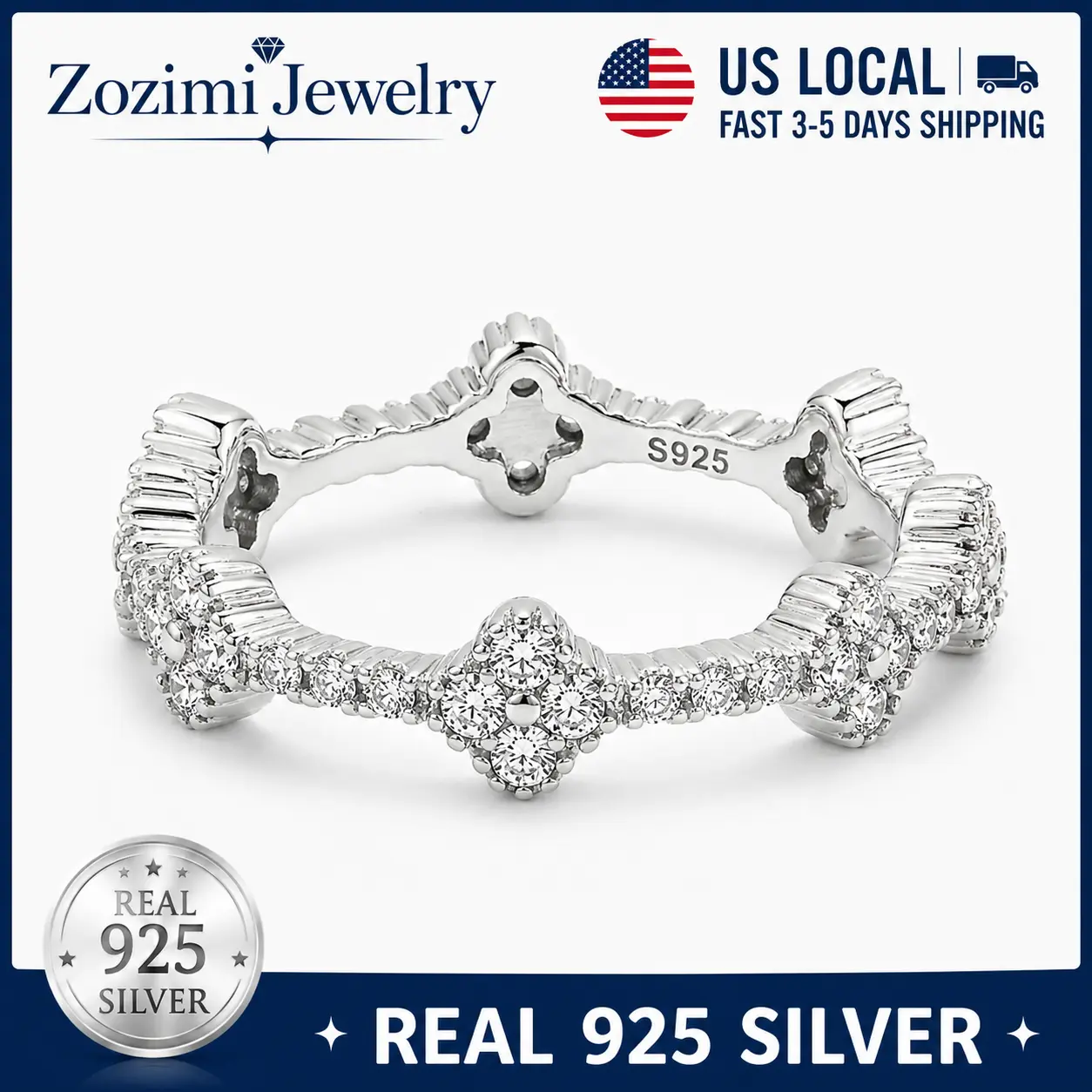 S925 Sterling Silver 4-Leaf Clover Ring with 5A High-Quality Cubic Zirconia - Female Adults' Jewelry, Birthday/Wedding Gift, Sister Present, Elegant Vintage All-Match Daily Wear Accessory