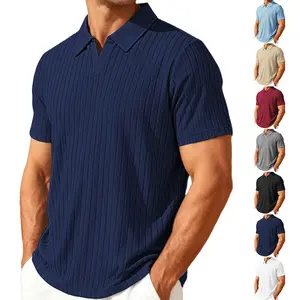 Men's Short Sleeve Polo Shirts V Neck Ribbed Knit Casual T-Shirts Summer Lightweight Golf Pullover Tops
