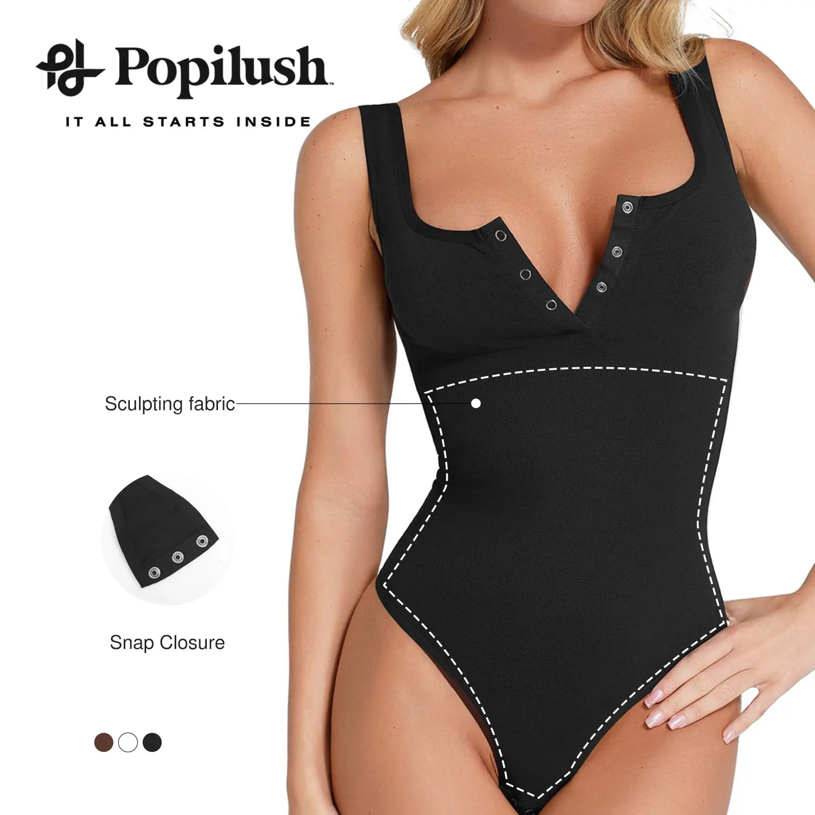 Popilush The Shapewear Button Bodysuits For Women Sleeveless Bodysuits Soft Womenswear Comfortable Adjustable Black Basic