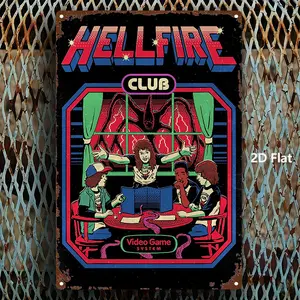 2D Flat, 1pc Hellfire Club: Video Game System Metal Sign - Retro 80s Arcade Decor with Hellfire Logo & Video Game Characters - Heavy-Duty Iron Construction - 20.32x30.48 cm, Perfect for Home/Office/Gaming Room/Bar/Cafe - Vintage Gaming-Themed Decoratio