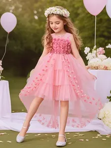 Girl's Floral Embroidery Tulle Dress, Elegant Romantic A Line Dress for Party Wedding Guest, Kids Summer Clothes