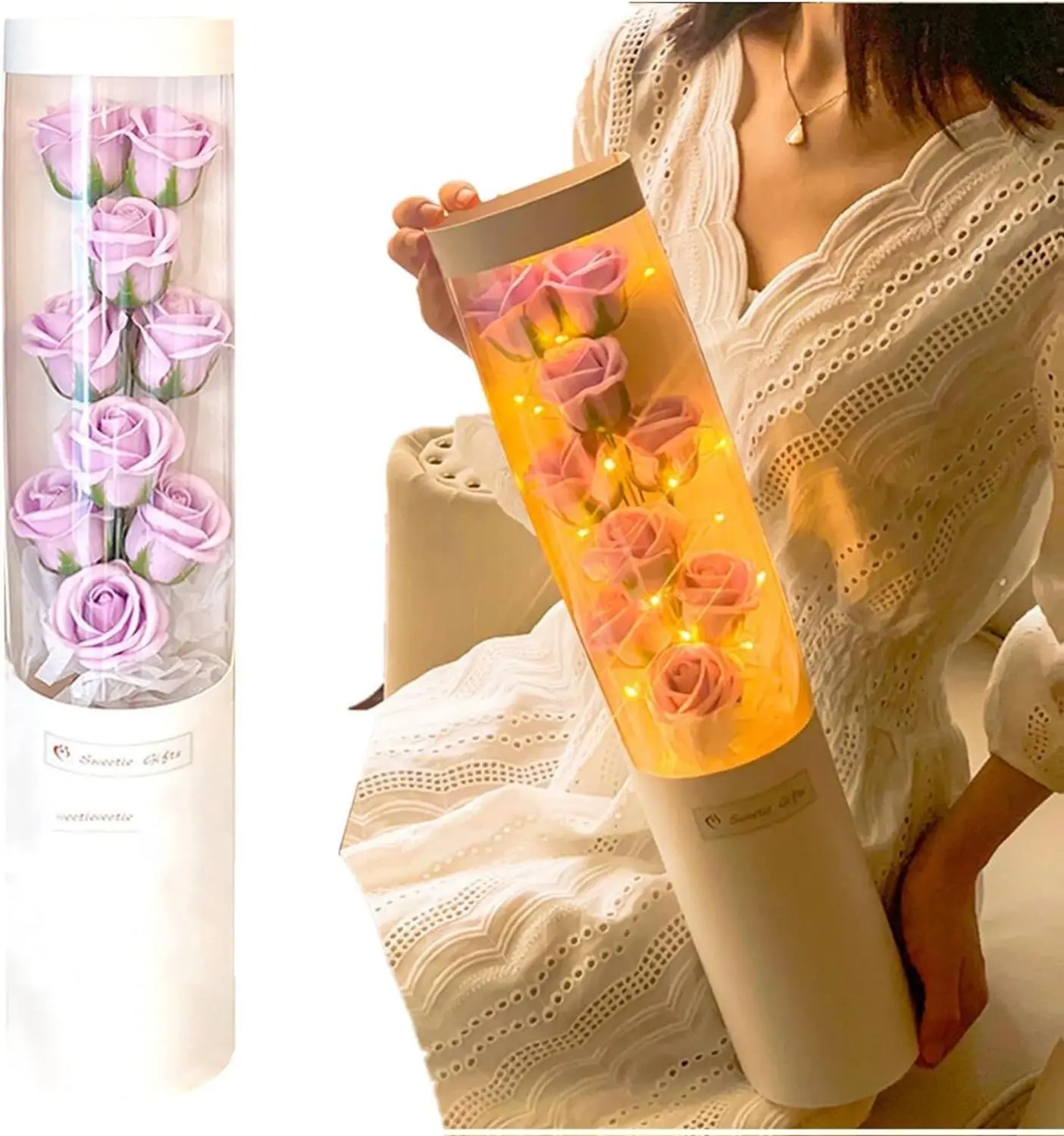 Valentine's Day Rose Flower Bouquet with LED Lights Eternal Rose for Her Wife Mothers Day Anniversary Special Occasions Home Decoration Purple