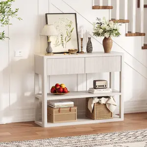34.6" Tall Fluted Console Table with 2 Drawers, 3-Tier Entryway Sofa Table with Storage Shelves