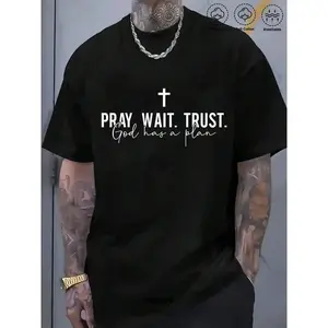 Plus Size Men‘s Faith T-Shirt - Black with White “Pray Wait Trust God Has A Plan” Verse Print, Breathable Cotton Oversized Casual Tee for Church, Casual Attire & Religious Apparel (Short Sleeve Round Neck)