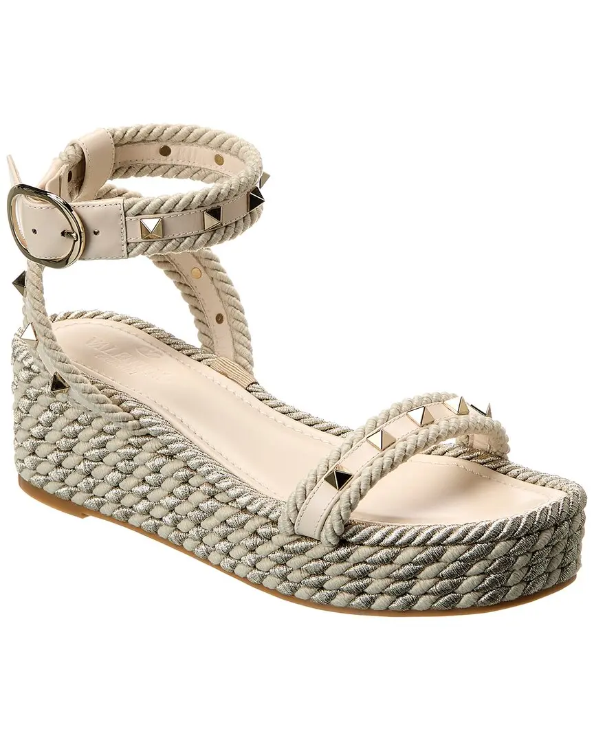 Valentino Rockstud 45 Rope & Leather Wedge Sandal