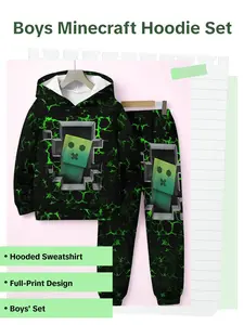 Boys Minecraft Creeper Full-Print Hoodie & Sweatpants Set, Casual Long Sleeve Slim Fit, Spring & Fall Fashion, Trendy Design