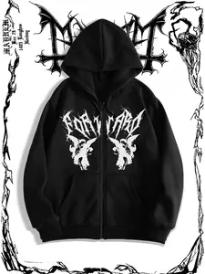 Men's Angel Print Zip Up Hoodie, Casual Streetwear Hoodie, Casual Regular Fit Long Sleeve Hooded Sweatshirt for Daily Wear, Men's Clothes for All Seasons, Tops