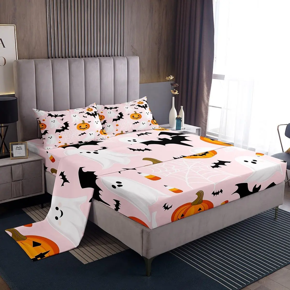 Feelyou Kids Halloween Bedsheet Sets - Breathable Soft Bedding, Deep-Pocket Fitted Sheet, Ghosts Pumpkins Bats & Spider Web Design, Queen Size Option for Boys/Girls