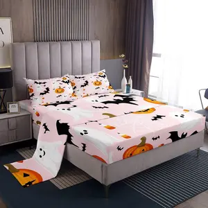 Feelyou Kids Halloween Bedsheet Sets - Breathable Sheets, Deep-Pocket Fitted Sheet, Ghosts Pumpkins Bats & Spider Web Design, Soft Bedding, Queen Bedding Sets Option for Boys/Girls