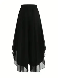 1 Spring Summer Black Chiffon Wide Leg Skirt Pants Women | Elastic High Waist Asymmetric Irregular Hem | Old Money Elegant Style for Office Daily Vacation Wear