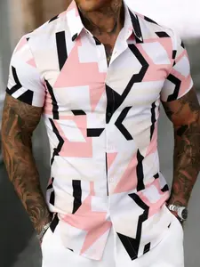 Men's Geometric Print Short Sleeve Shirt, Regular Fit Casual Comfy Breathable Top for Summer, Men's Clothes for Beach Vacation Daily Wear, Casual Breathable Design