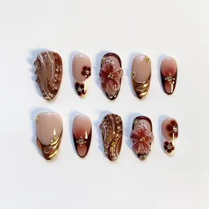 Fall Nails/Fall Press on nails long almond nails/Amber Cat eye nails/3D Gold Chrome Nails