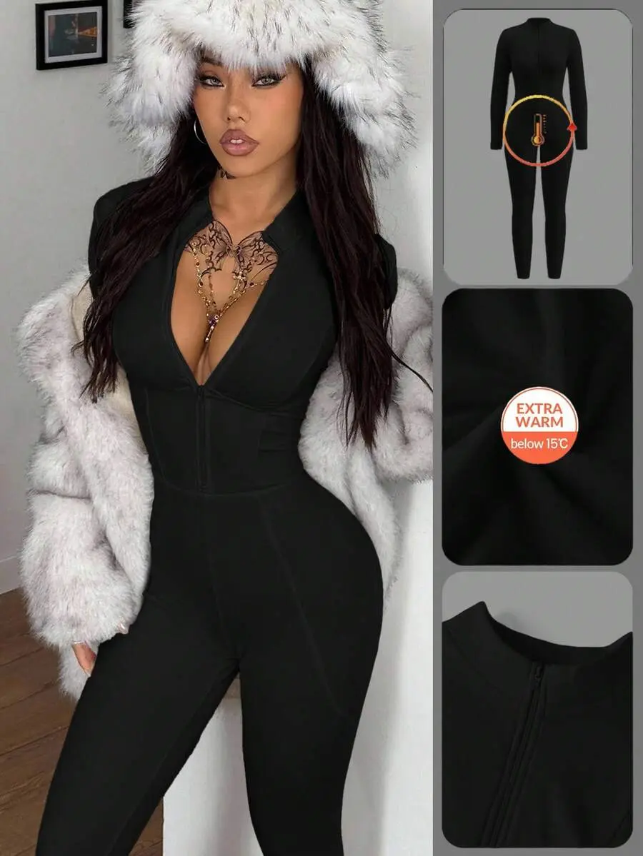 BamGleam Women's Winter Zip Up Long Sleeve Romper,Slim Fit Thermal Microfleece Ski Wear Athleisure Blackness Gym Cow Boy Streetwear Warm Comfortable Stretchy