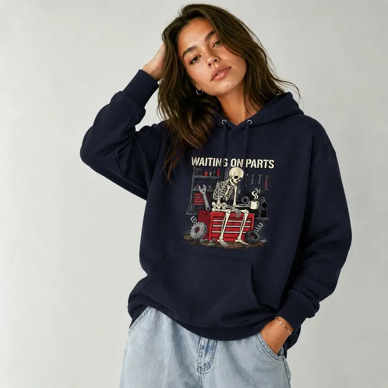 New Arrival Men’s Funny Mechanic Hoodie - "Waiting on Parts" Skeleton Auto Repair Graphic Pullover, Unisex Fleece Top, Garage Life Gift for Mechanics