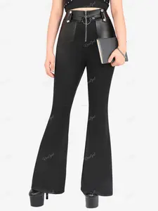 Rgothic Women's High-Stretch Polyester Gothic Bottoms - Black Flared Casual Street Trousers, PU Panel, O-Ring Buckle, Zipper Pockets, Pull-On, Mid Waist, Plain, Elastic, Regular Fit for Fall, Winter Clothes