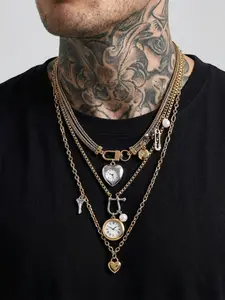 Unisex Vintage Multi-Layer Necklace Set, Stainless Steel, Heart & Key Charms, Punk Style, Perfect for Streetwear & Gifts
