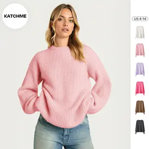 KatchMe Women's Slouchy Solid Color Crew Neck Long Sleeve Loose Sweater, Cozy Fall & Winter Knit Top for Daily Wear, Lady Basic Comfort Knitwear