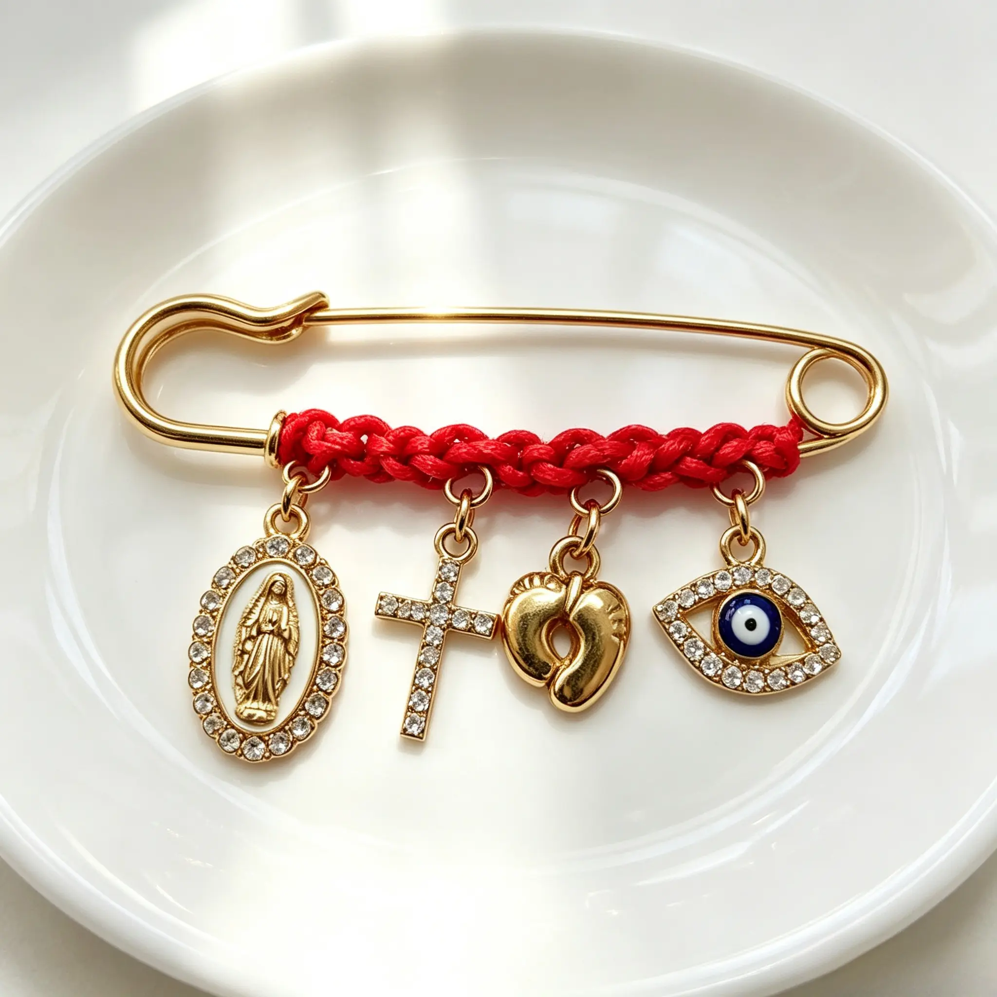 September Laurel  Gold Pregnancy Protection Safety Pin Brooch, Red Cord Maternity Belly Pin with Virgin Mary, Cross, Mother & Baby Heart and Evil Eye Charms, Lucky Blessing Brooch for Expecting Moms