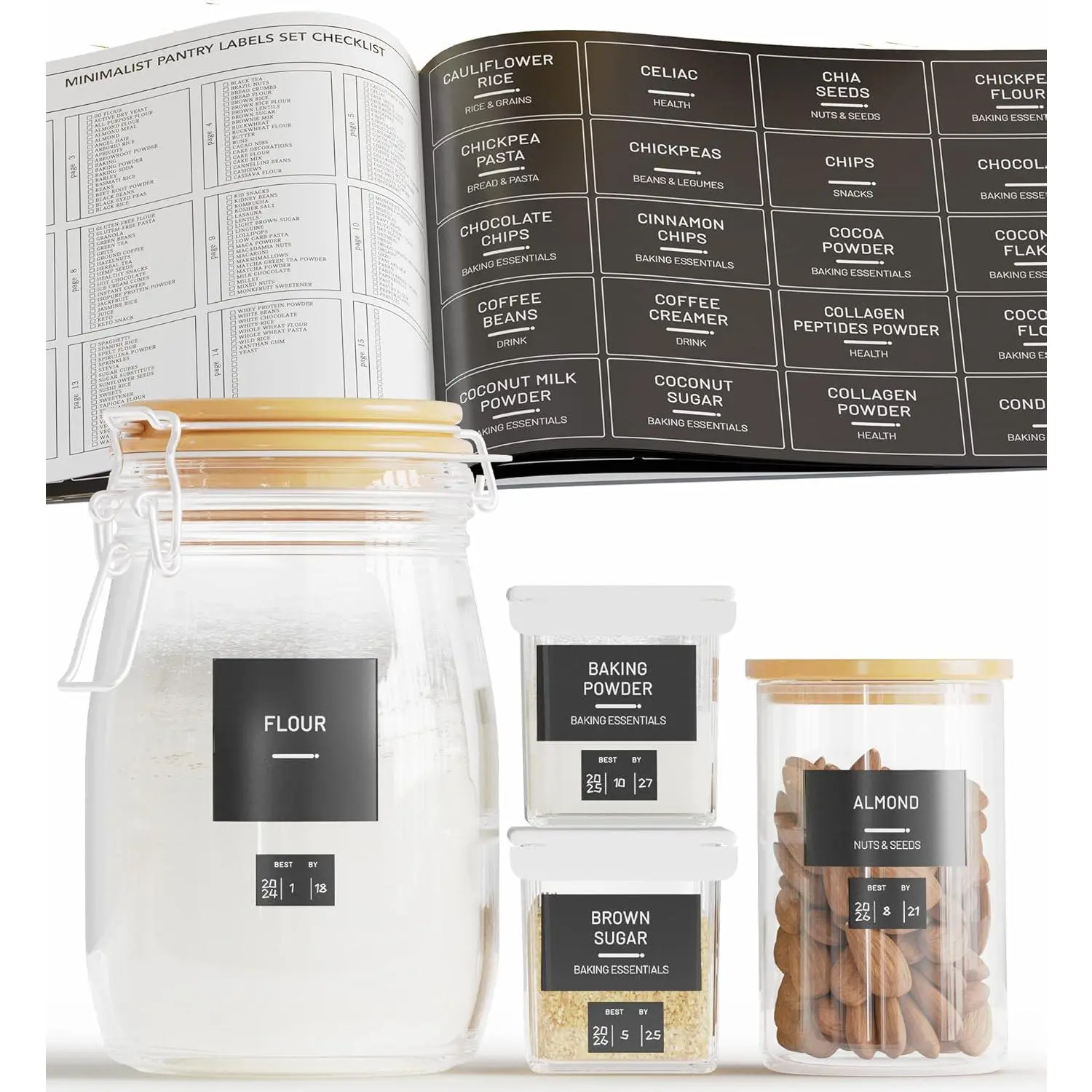 284 Pantry Labels with 112 Expiration Date Labels for  Containers, Preprinted Stickers Booklet for Storage Bins, Minimalist Kitchen Labels for Organizing