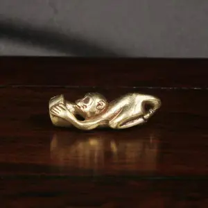 Vintage Brass Monkey Ornament, Zodiac Gold Coin Sculpture, Desktop or Tea Ceremony Decor, Collectible Brass Statue, Home Office Decoration
