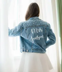 Custom Bridal Denim Jacket with, Custom Pearl Denim Jacket, Future Mrs Jacket, Wedding jacket, Bride Jacket, Wifey jacket- Autumn