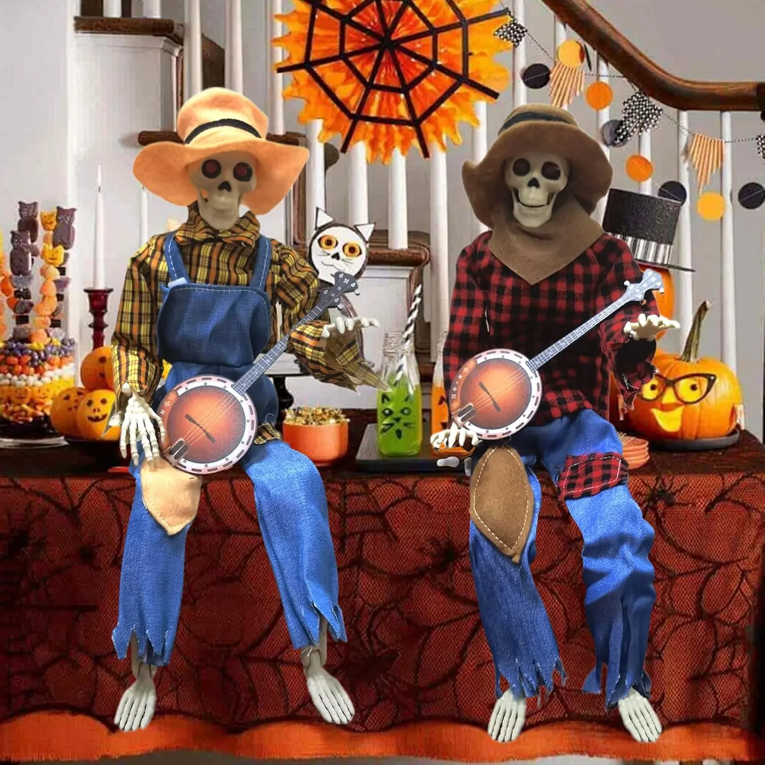 【Send a Halloween card】 Compact Plastic Cowboy Skeleton Musician Ornament with Banjo - Funny Farmhouse Festive Decor Accessory for Desk, Entryway Haunted House, Portable Rustic Home Supplies, Ornaments, Decor Accessories