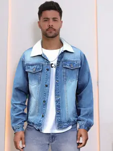 Men's Casual Fashion Fleece Collar Long Sleeve Button Front Fitted Denim Jacket, Korean Style Classic Vintage Washed Jean Coat, Perfect Gift for Boyfriend