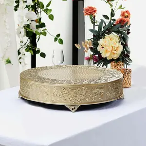 Metal Round Cake Pedestal Stand 22" Gold with Embossed Design - Decorative Matte Cupcake Display Riser Centerpiece Dessert Tray for Luxurious Event Styling