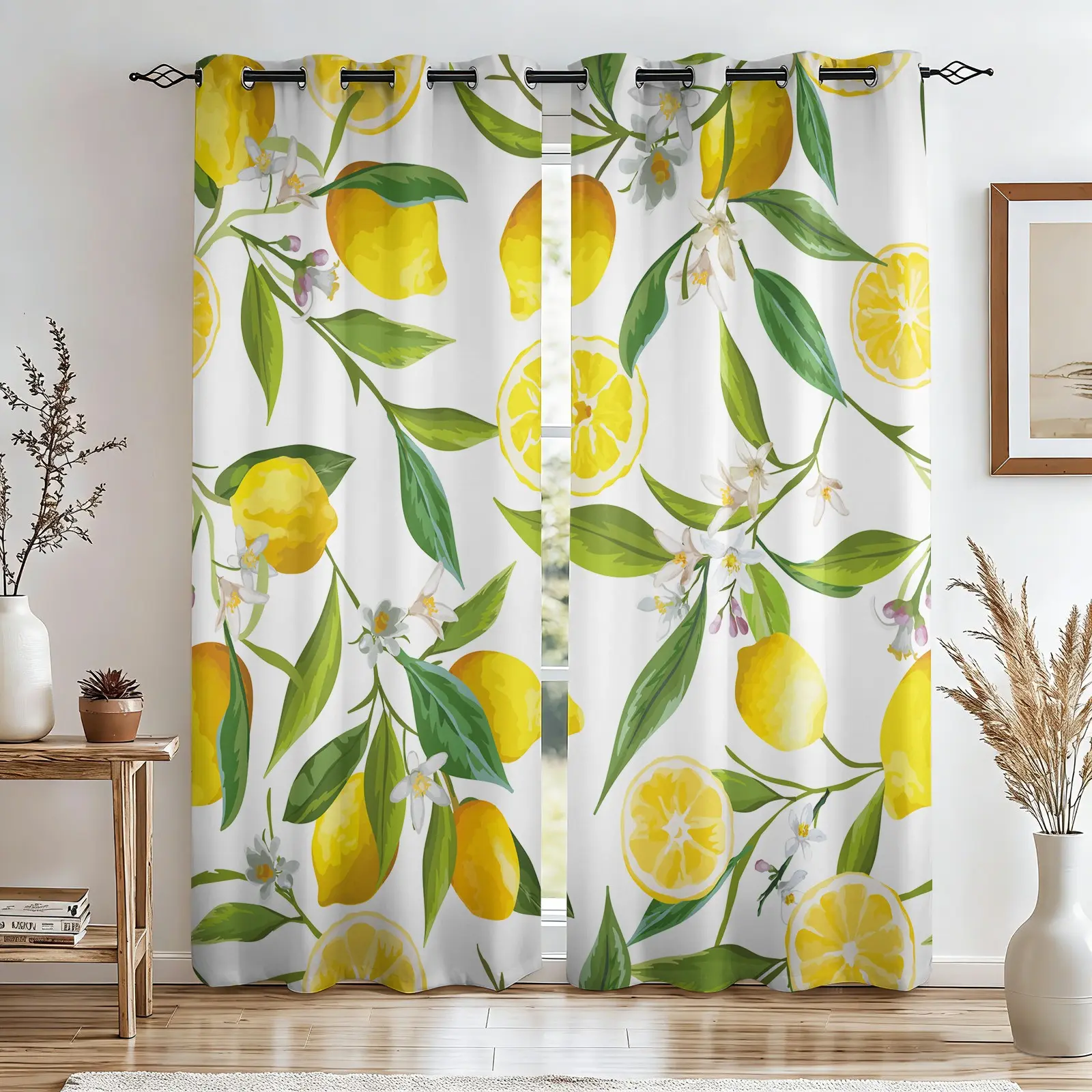 2 Panels Fresh Lemon Print Curtains, Bright Summer Citrus Floral Printed Curtains, Light Darkening Curtains, Decoration Curtains, Home Decorative Curtain, Window Curtain for Kitchen Bedroom Living Room