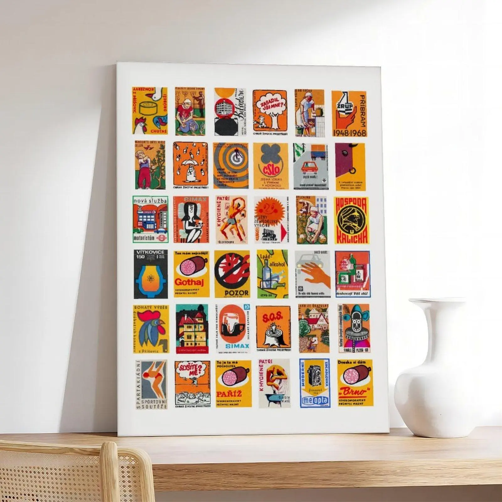 Artistic Czech Label Collage Vintage Graphic Ephemera Wall Print - 20th Century Orange Palette, Logos, Graffiti, Comics, Retro Educational Children's Decorative Canvas Art for Room Decor