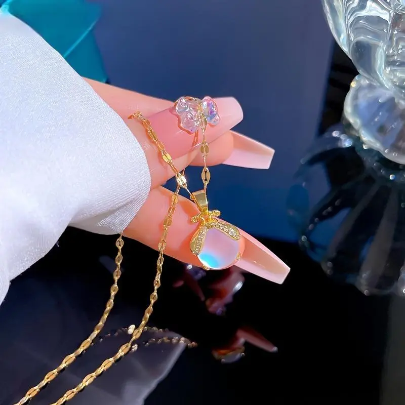 Female Adults' Casual Daily Firefly Pendant Necklace - 45cm Gold-Plated Stainless Steel Chain, Blue Synthetic Zircon, Elegant Costume Jewelry for Birthday Gifting