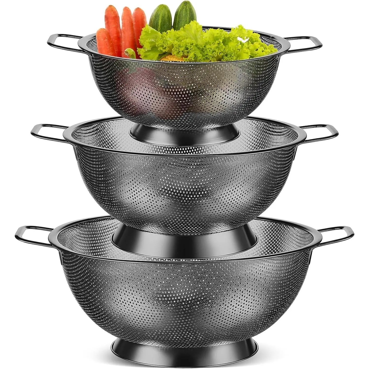 3 count Stainless Steel Colander Set Colander Bowl and Sieves 1/3/5 Quart Metal Mesh Strainer Net Basket with Handles  Spaghetti Strainer for Kitchen Draining Pasta Rinsing(Black)