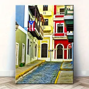 [Holiday Cheer] San Juan Puerto Rico Street Scene Canvas Painting |   Solid Wood Frame |   Multi-color wall decoration, suitable for home office, living room, and bedroom |   Traditional and Modern Style |   Ready to hang and use, perfect for living
