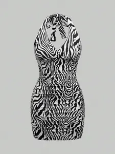 Women's Zebra Stripe Print Halter Neck Bodycon Dress, Fashion Casual Sleeveless Short Striped Dress for Daily Outdoor Wear, Women Dress for Summer