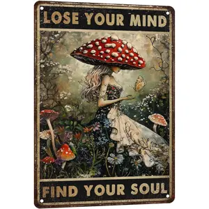 Vintage Mushroom Kitchen Decor Lose Your Mind Find Your Soul Metal Tin Sign Whimsigoth Wall Art Cottagecore Witchy Room Aesthetic For Home