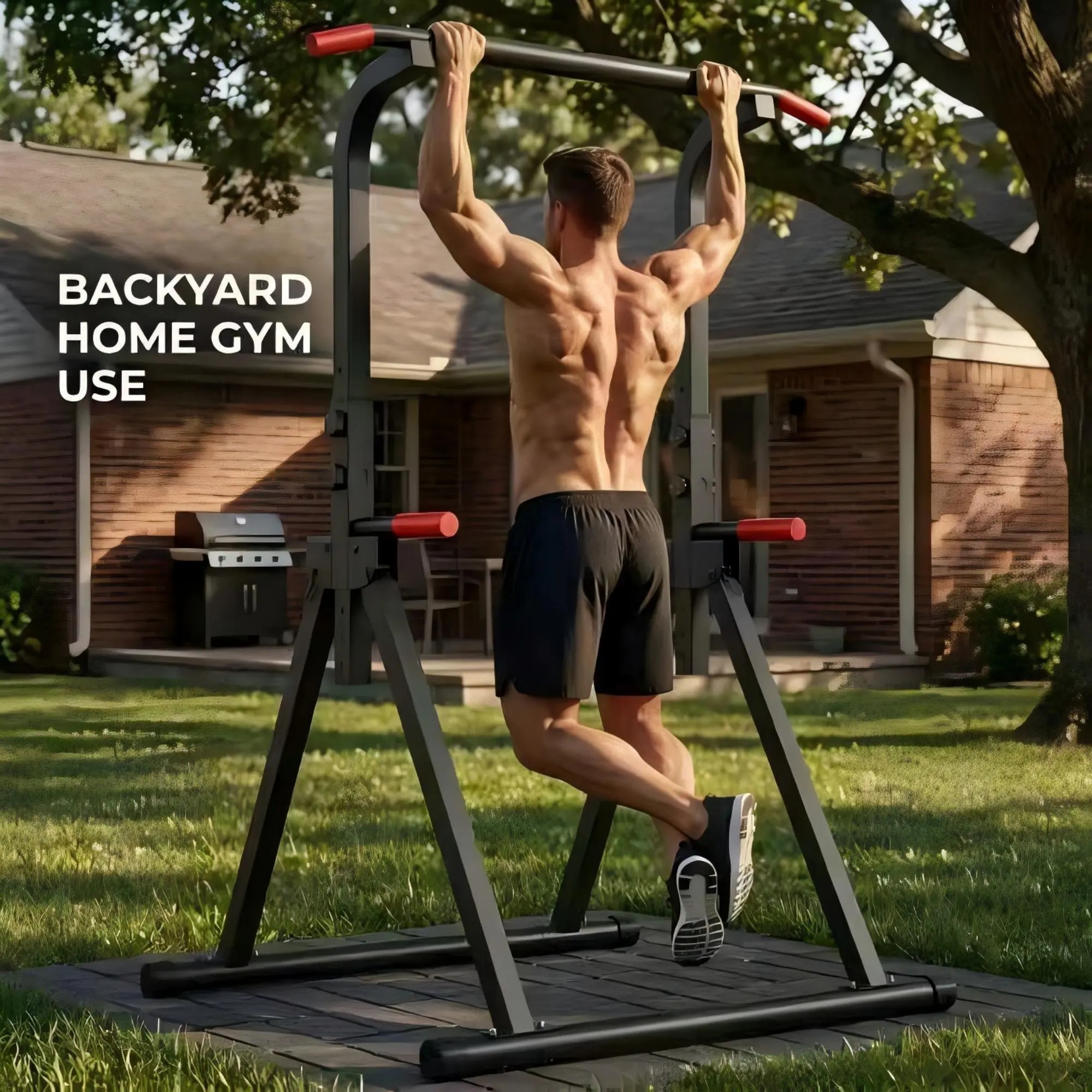 Foldable Pull Up Bar Power Tower, 6-Level Adjustable Height Dip Station, 440LBS Heavy-Duty Steel Frame Multi-Function Strength Training Workout Equipment, Free-Standing Home Gym Fitness Station