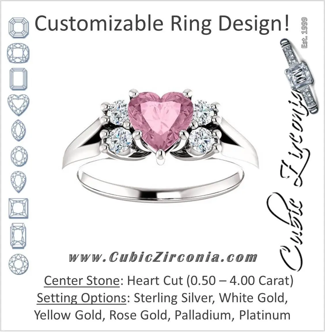 Cubic Zirconia Engagement Ring- The Bianca (Customizable 5-stone Cluster Style with Heart Cut Center)