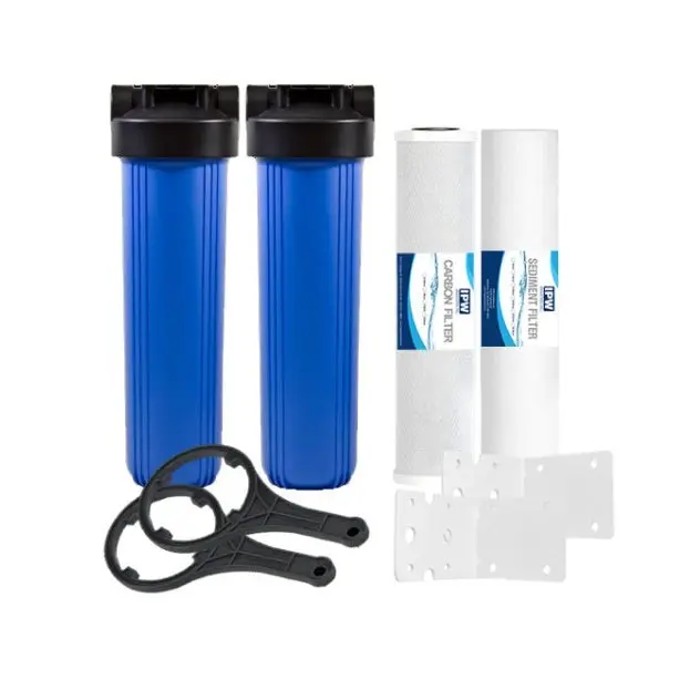2 Stage Whole House Water Filter System w- 20-Inch Big Blue Housing -1 Inch Inlet-Outlet and 4.5"x20" 5 Micron PP + Carbon Filters