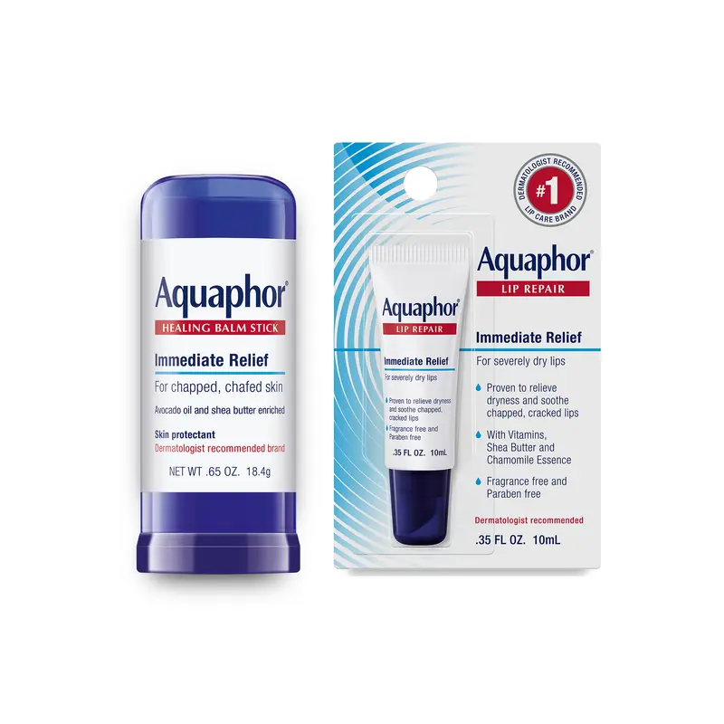 Aquaphor Beauty Bundle - 0.65 Oz Healing Balm Stick & 0.35 Fl Oz Lip Repair Kit with Avocado Oil, Shea Butter, Beeswax, Glycerin, Panthenol, Moisturizing, Chafing Prevention, Dry Relief, Fragrance-Free, Paraben-Free for Skin & Lips Self-Care