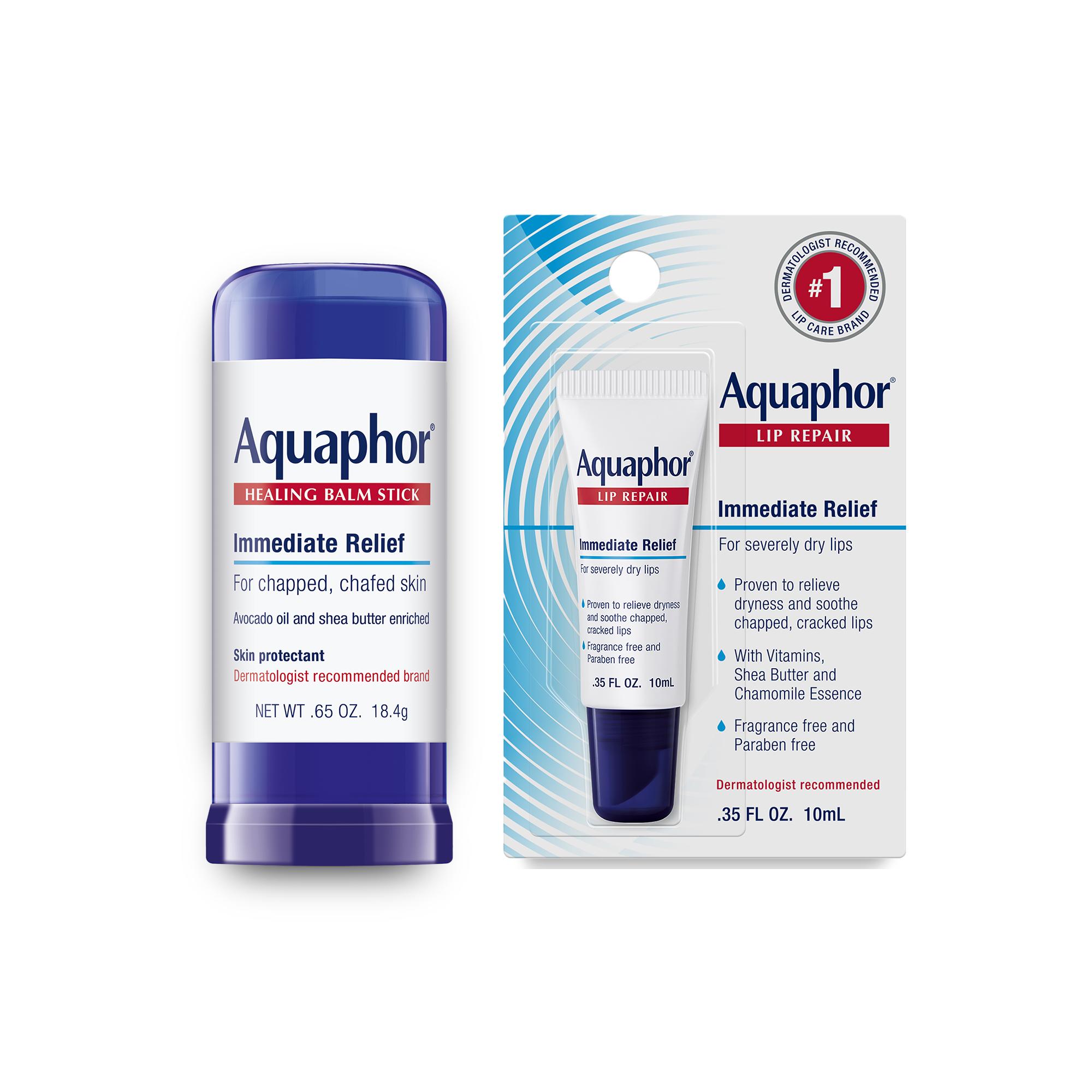 Aquaphor Beauty Bundle Healing Balm Stick 0.65 Oz & Lip Repair .35 fl oz Avocado Oil Shea Butter Beeswax Moisturizing Hydrating Smooth Skin Lips