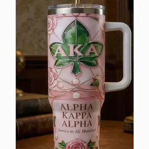 Alpha Kappa Alpha Tumbler with Handle – AKA Sorority Luxury Mug, Pink & Green Stainless Steel Cup, Perfect AKA Gift