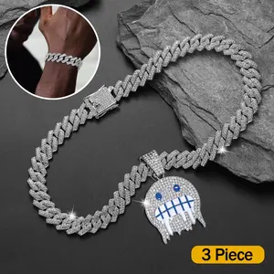 Hip Hop Ice Cold Expression Pendant Necklace and Cuban Bracelet Set, Miami Cuban Chain, Street Rap Fashion Accessories, Perfect for Holiday Parties and Valentine's Day Gifts, Hip Hop Jewelry Cubanchain Crystal