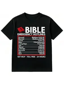 Summer Bible Emergency Hotline Graphic Short Sleeve T-Shirt, Christian Faith Group Adult Casual Streetwear, Fitted Long Top