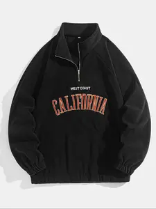 Men's Letter Embroidery Polar Fleece Quarter Zip Sweatshirt Casual Regular Fit Raglan Sleeve Stand Collar Pullover Fall Winter Clothes Daily Wear Long Sleeve Menswear 2026 Breathable Soft Warm Cozy Lightweight Trendy Home Outdoor Streetwear Hip Hop