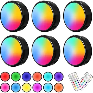 Puck Lights with Remote, 6 Pack LED Under Cabinet Lighting Dimmable Push Lights  Operated Under Counter Tap Lights for Kitchen, Multicolor Transformation Stick On Lights, Shiny Black