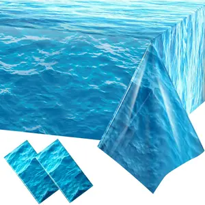 2 Pieces Ocean Waves Plastic Tablecloth 54 x 108 Inch Blue Water Print Table Cover for Beach Pool Birthday Party Decoration Shower Supplies